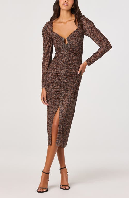 Astr The Label Long Sleeve Ruched Mesh Midi Dress In Burgundy