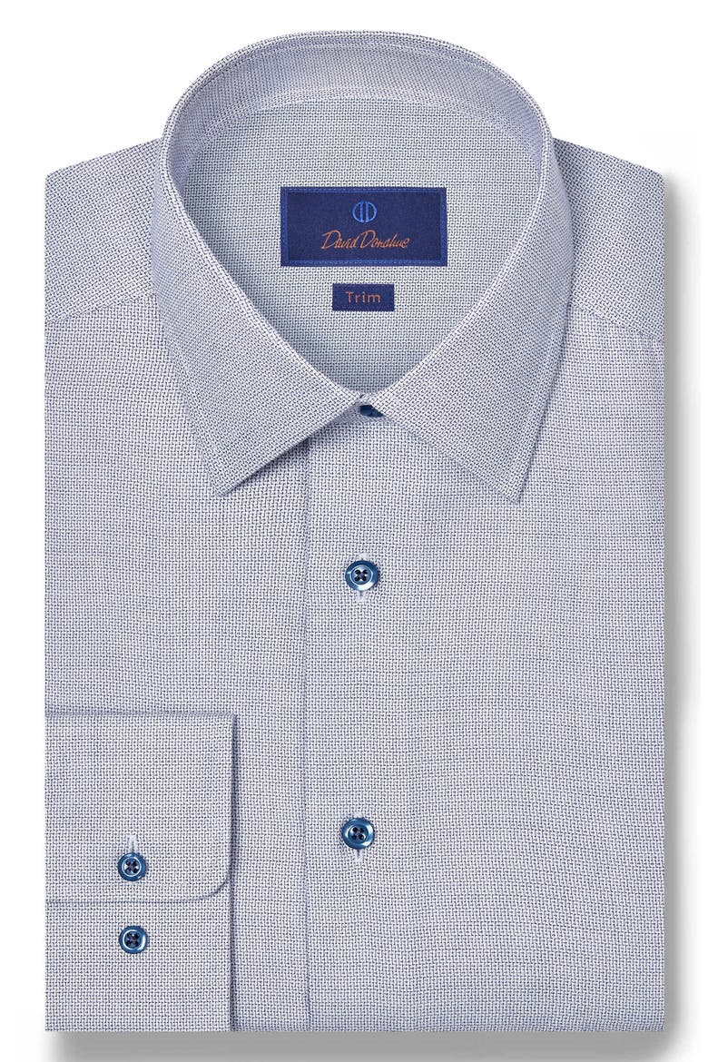 Trim Fit Herringbone Micro Print Cotton & Silk Dress Shirt, Main, color, NAVY/ WHITE