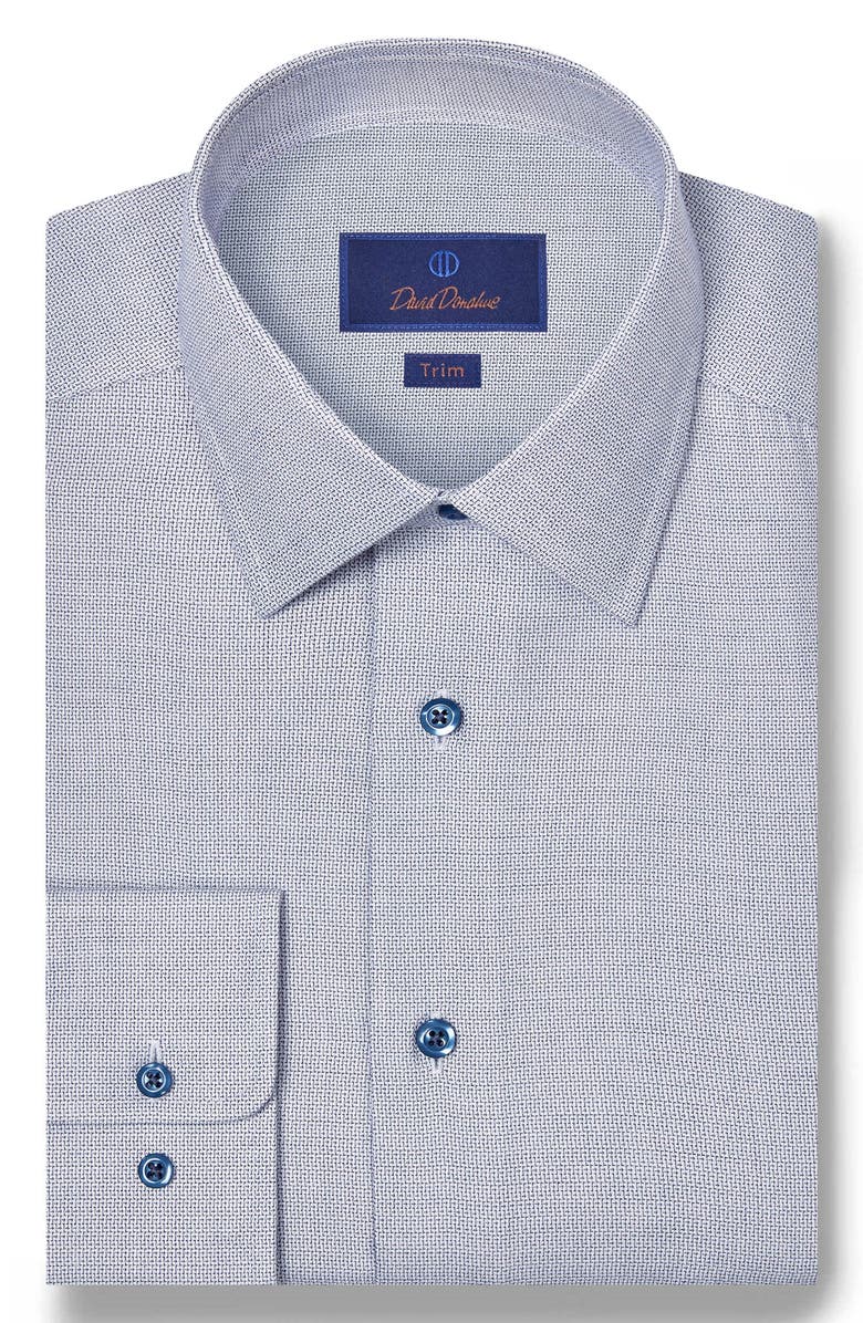 David Donahue Trim Fit Herringbone Micro Print Cotton & Silk Dress Shirt, Main, color, Navy/ White