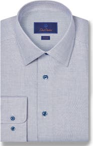 David Donahue Trim Fit Herringbone Micro Print Cotton & Silk Dress Shirt