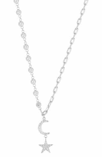 White Gold Vermeil Pave CZ Star & Moon Pendant Necklace