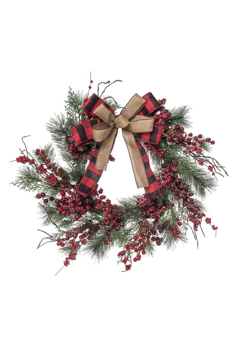 Artificial Multicolored Christmas Buffalo Check Berry Wreath, Main, color, Multicolored