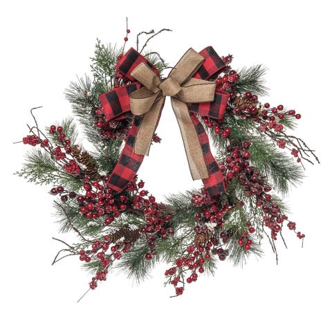 Artificial Multicolored Christmas Buffalo Check Berry Wreath