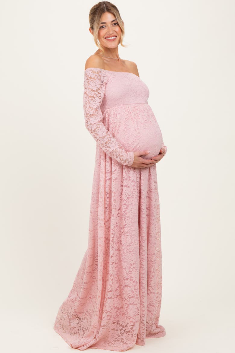 Floral Lace Long Sleeve Off Shoulder Maxi Dress, Alternate, color, Light Pink