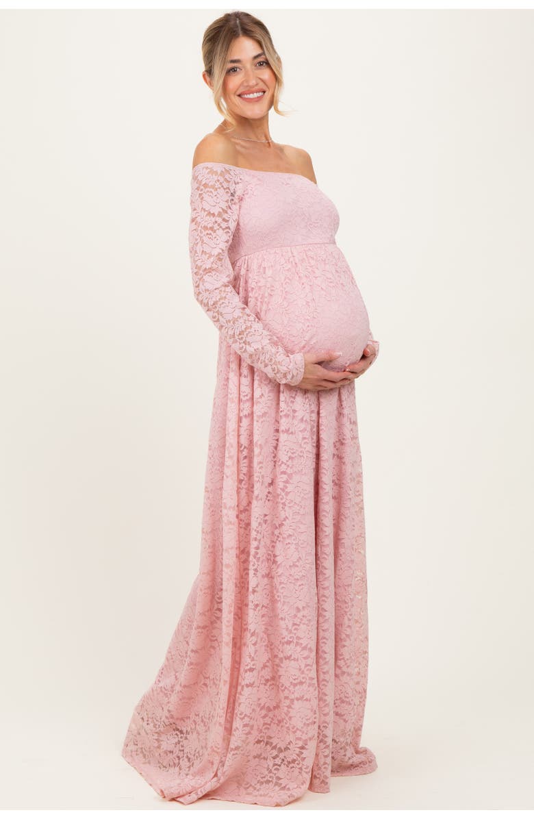 PinkBlush Floral Lace Long Sleeve Off Shoulder Maxi Dress, Alternate, color, Light Pink