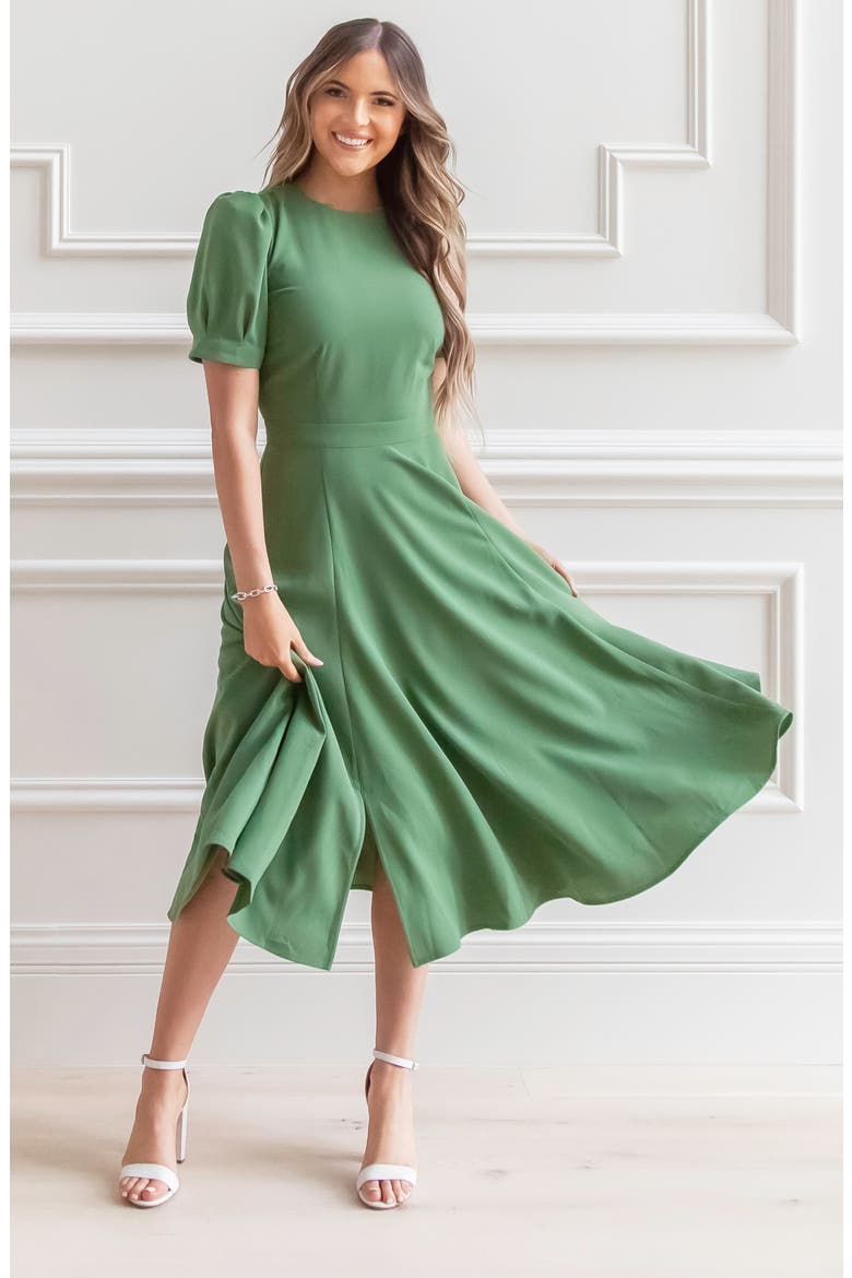 Puff Sleeve Crepe Midi Dress, Alternate, color, GREEN DILL