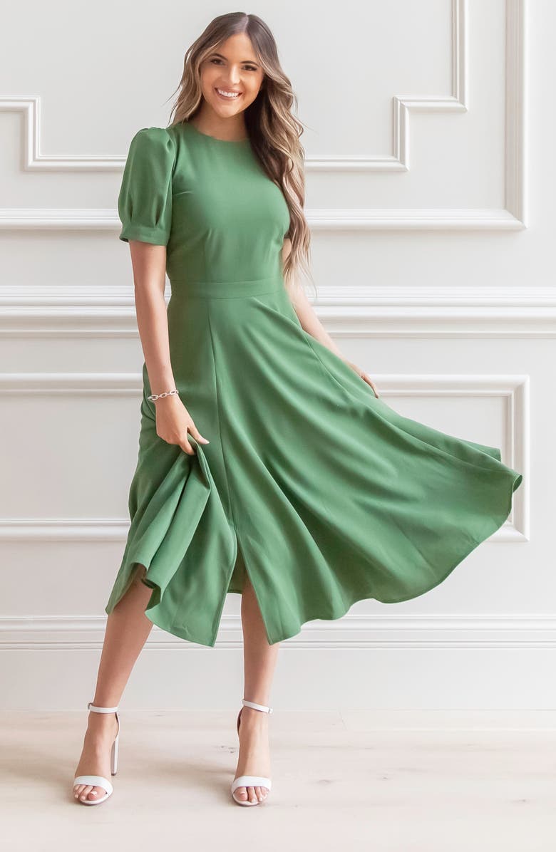 Rachel Parcell Puff Sleeve Crepe Midi Dress, Alternate, color, 