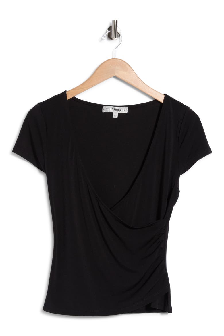 Short Sleeve Wrap Top, Main, color, BLACK