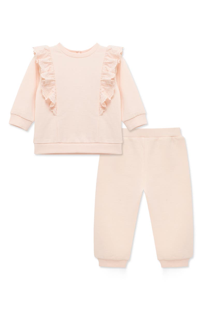 Little Me Eyelet Ruffle Sweatshirt & Sweatpants Set, Main, color, Pink