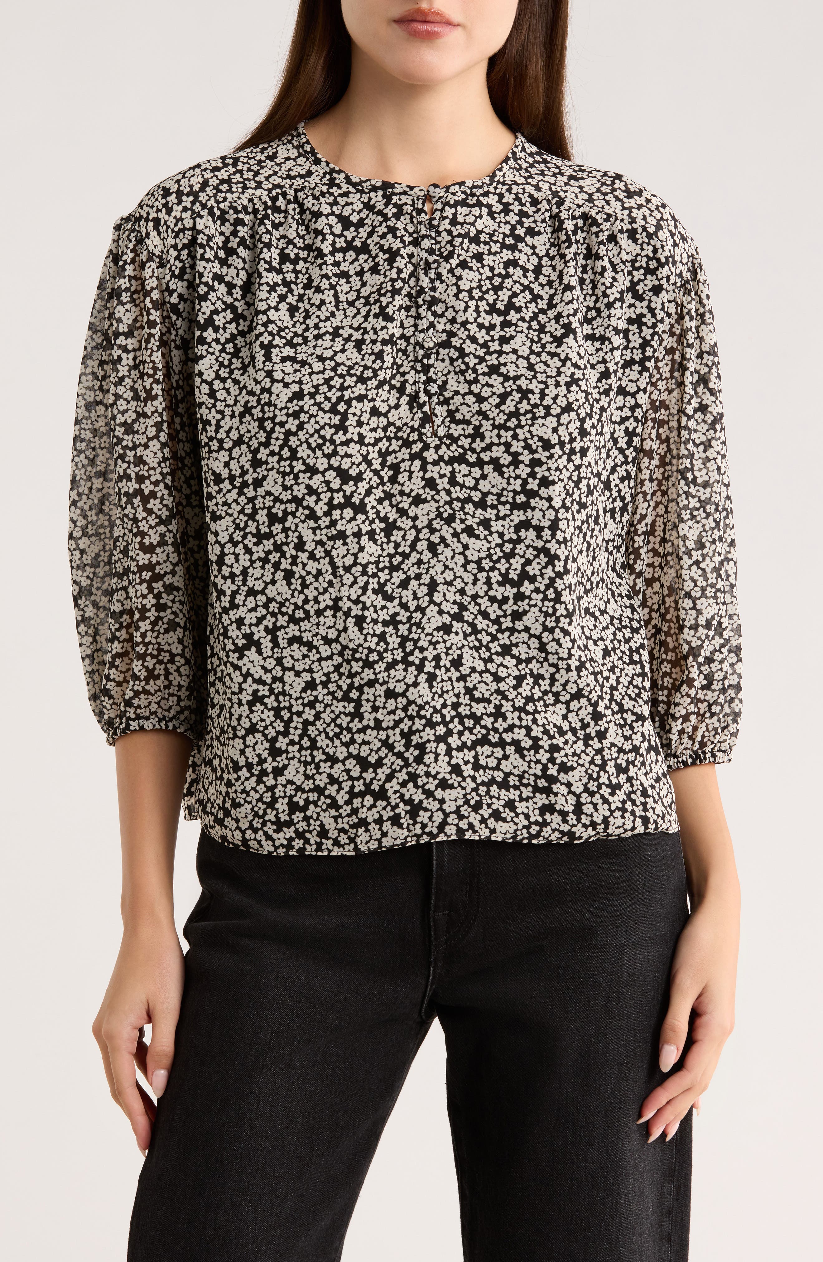 1.STATE Floral Puff Sleeve Chiffon Top