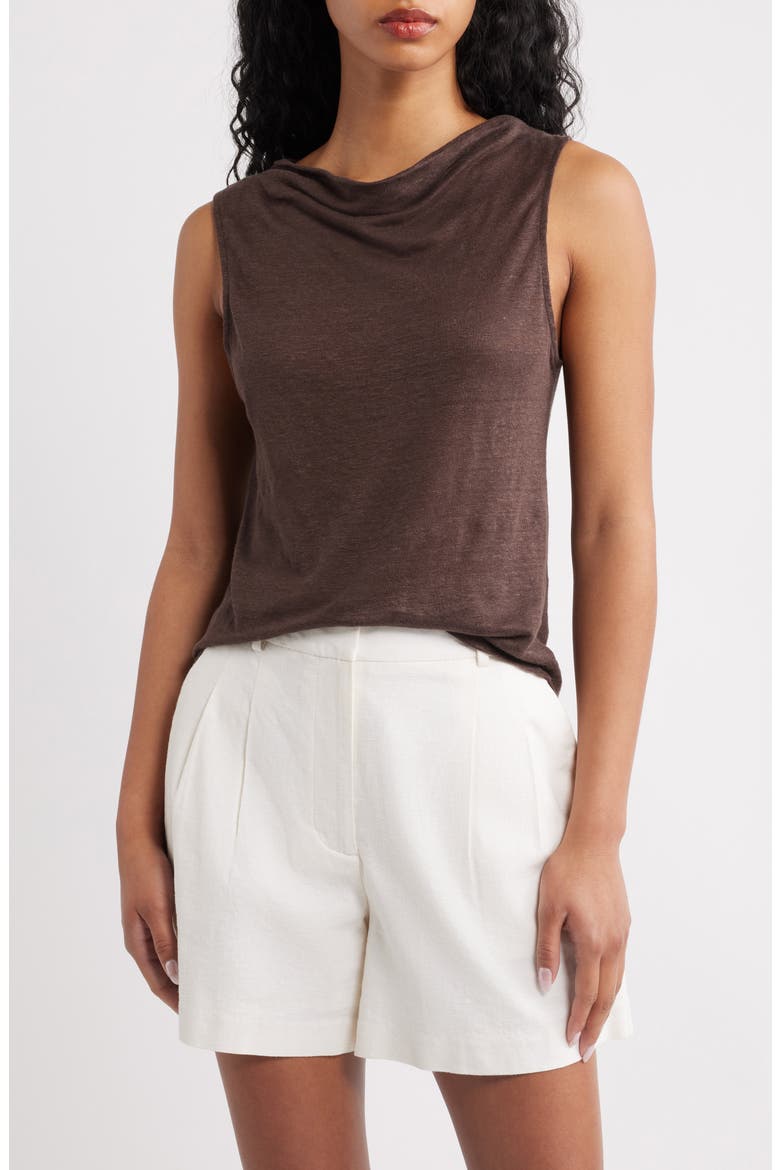 Cowl Neck Linen Tank, Main, color, BROWN