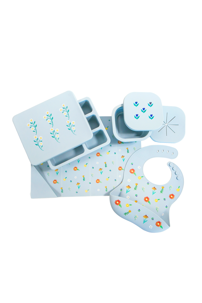 Silicone Mealtime Bundle, Main, color, Wildflower Chambray Blue