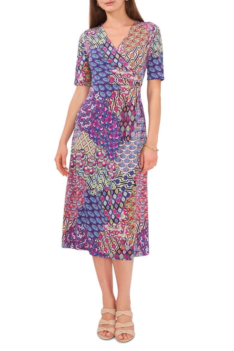 Mix Print Fit & Flare Midi Dress, Main, color, COBALT