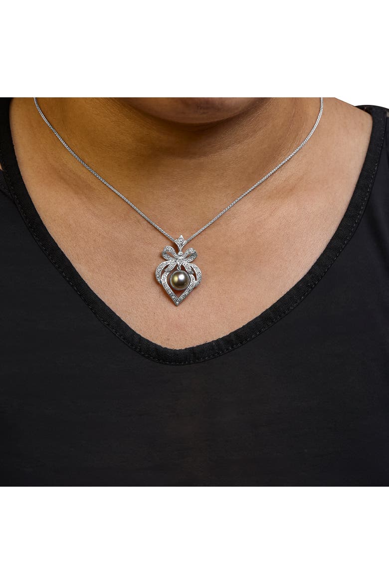 18K 3/4 Cttw Diamond Cultured Black Tahitian Pearl Heart Pendant Necklace, Alternate, color, White