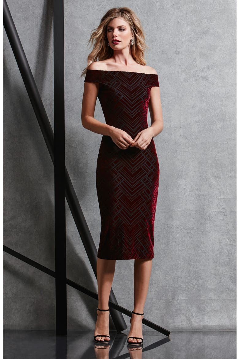 Eden Geo Print Velvet Off the Shoulder Dress, Alternate, color, BURGUNDY/ BLACK