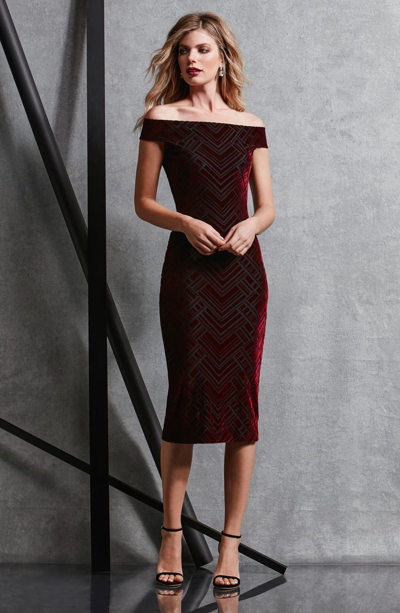 Dress the Population Eden Geo Print Velvet Off the Shoulder Dress, Alternate, color, Burgundy/ Black