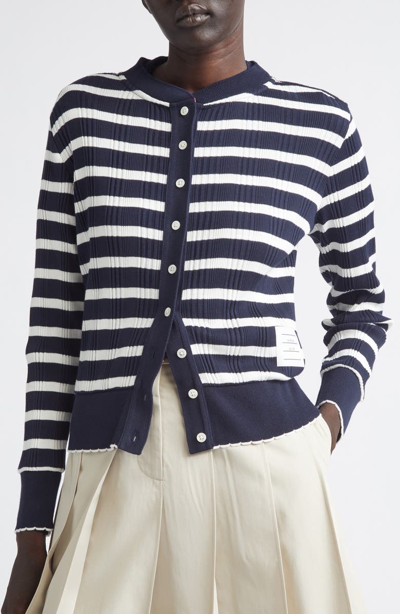 Thom Browne Stripe Scallop Edge Cotton Rib Cardigan, Alternate, color, Navy/ White