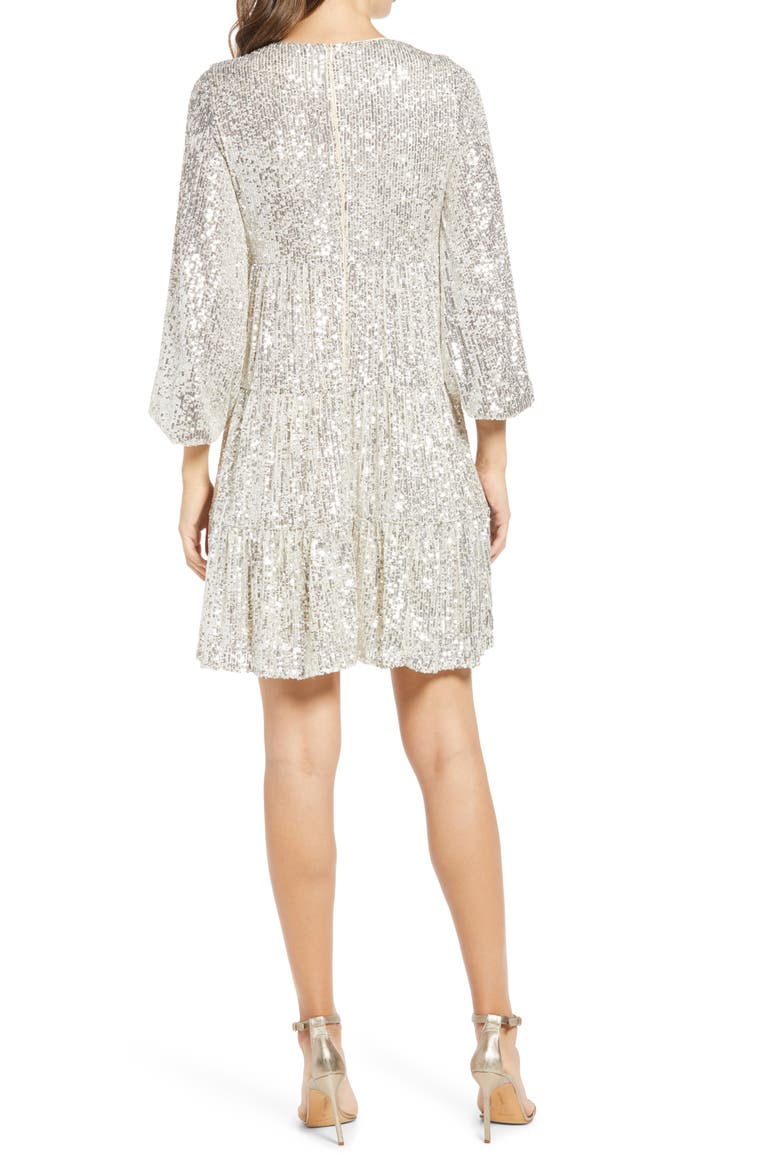 Balloon Sleeve Sequin Skater Dress, Alternate, color, SILVER