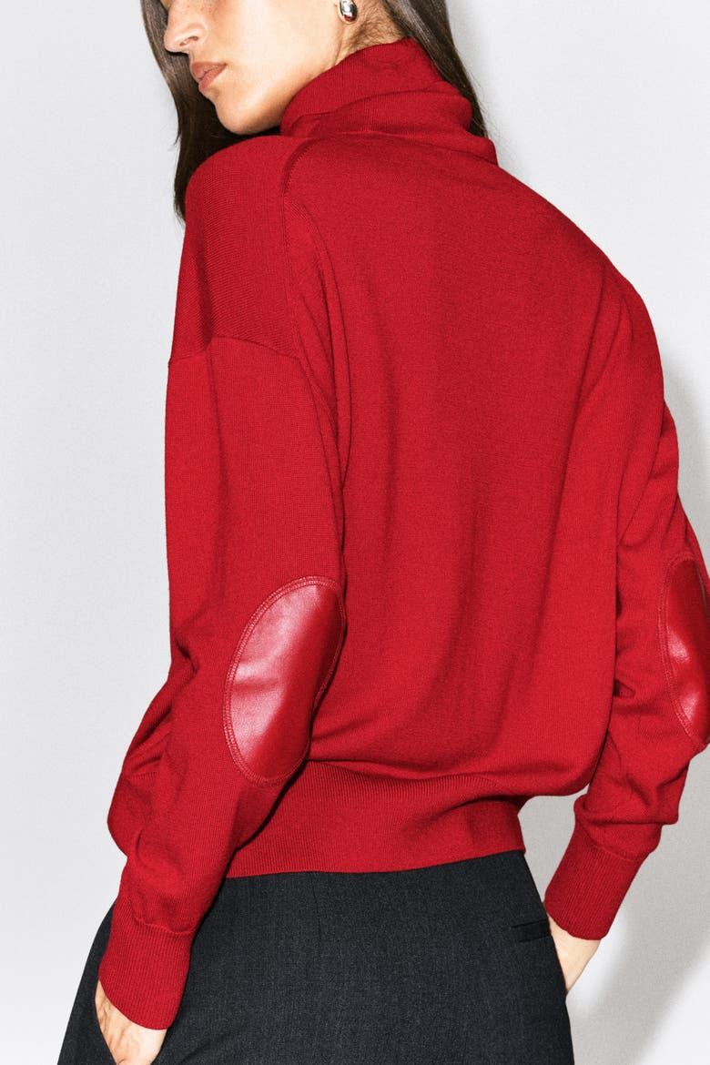 Leather-Patch Merino Wool Mock-Neck Sweater, Alternate, color, RED