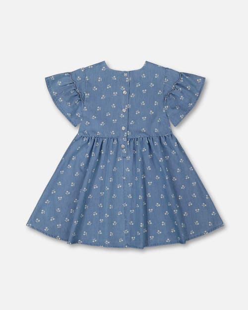 Deux Par Deux Girl's Printed Chambray Dress Blue And White Cherries In Blue And White Cherries