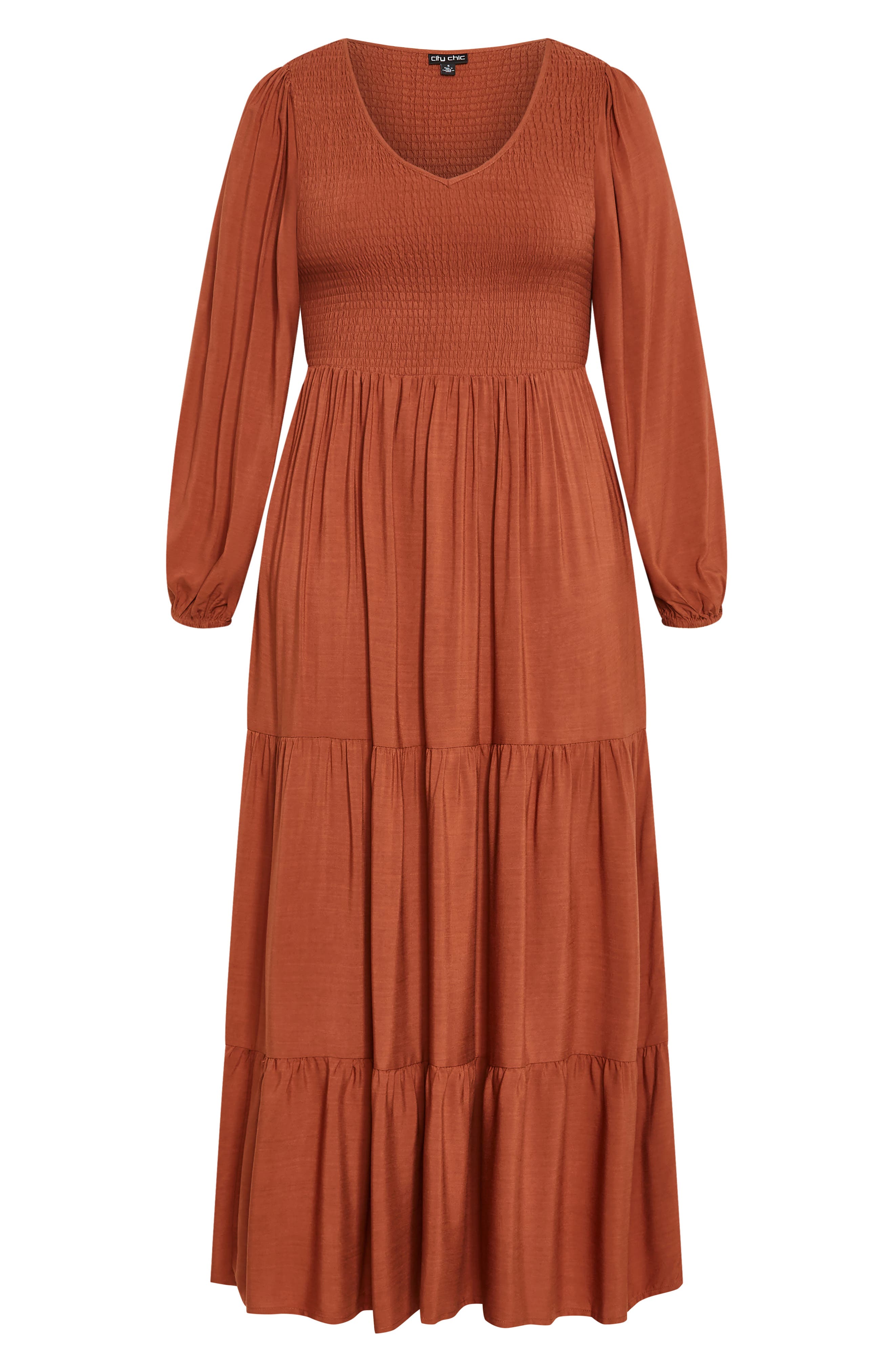 City Chic Leona Tiered Long Sleeve Maxi Dress In Brown
