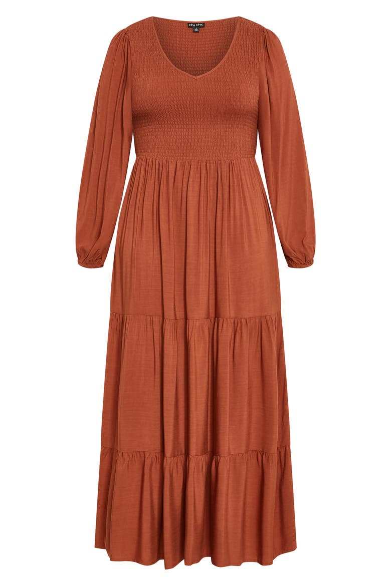 Leona Tiered Long Sleeve Maxi Dress, Alternate, color, TOFFEE