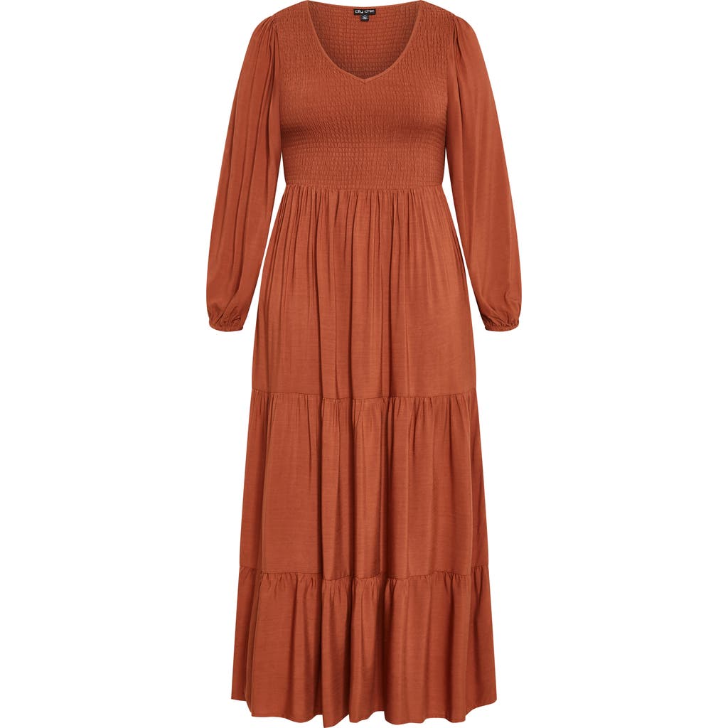 City Chic Leona Tiered Long Sleeve Maxi Dress In Brown