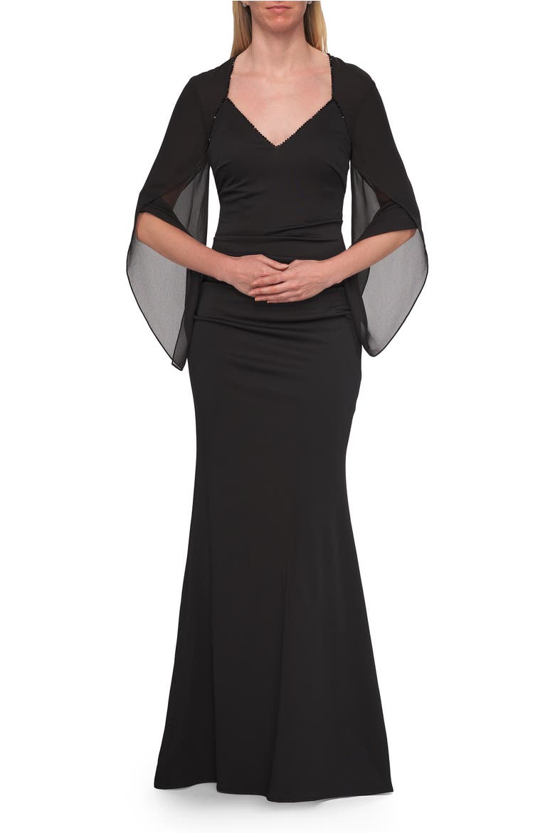 V-Neck Gown with Sheer Flutter Sleeves, Alternate, color, Black