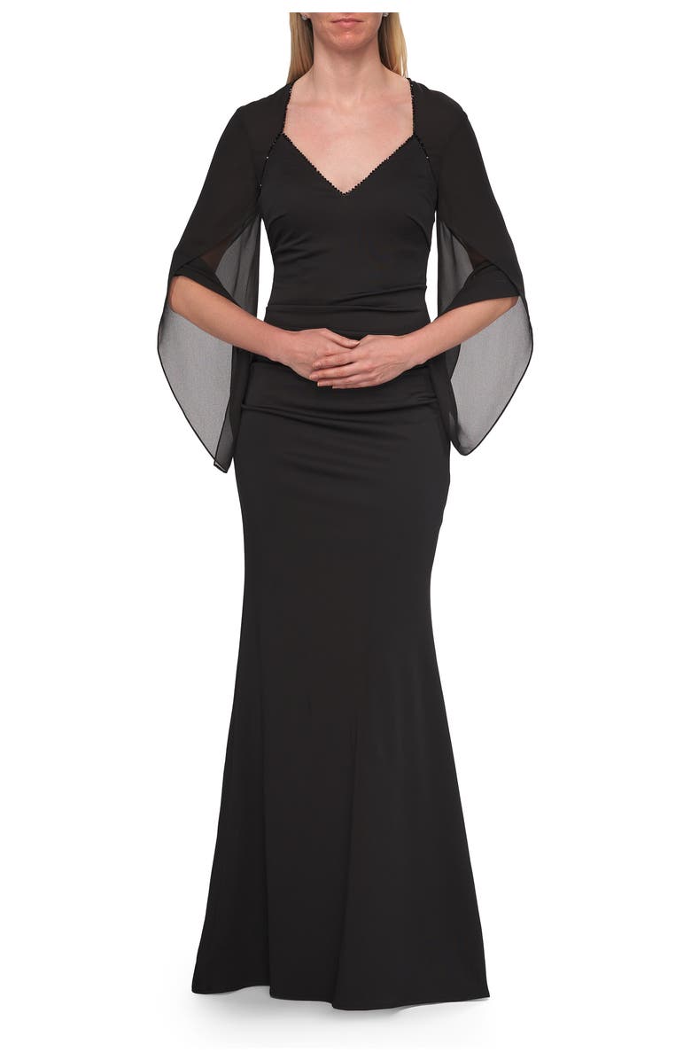 La Femme V-Neck Gown with Sheer Flutter Sleeves, Alternate, color, Black