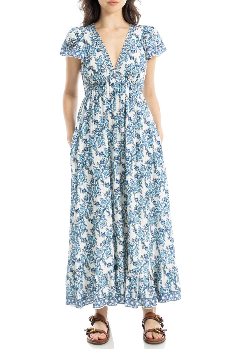 MAX STUDIO Floral Flutter Sleeve Maxi Dress, Alternate, color, Cream/ Blue