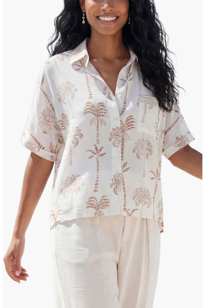 Palm Print Button Down Blouse, Main, color, Tan & White