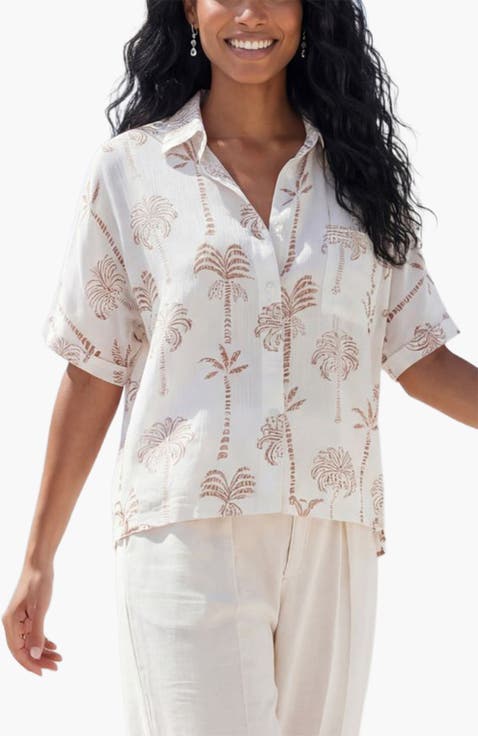 Palm Print Button Down Blouse