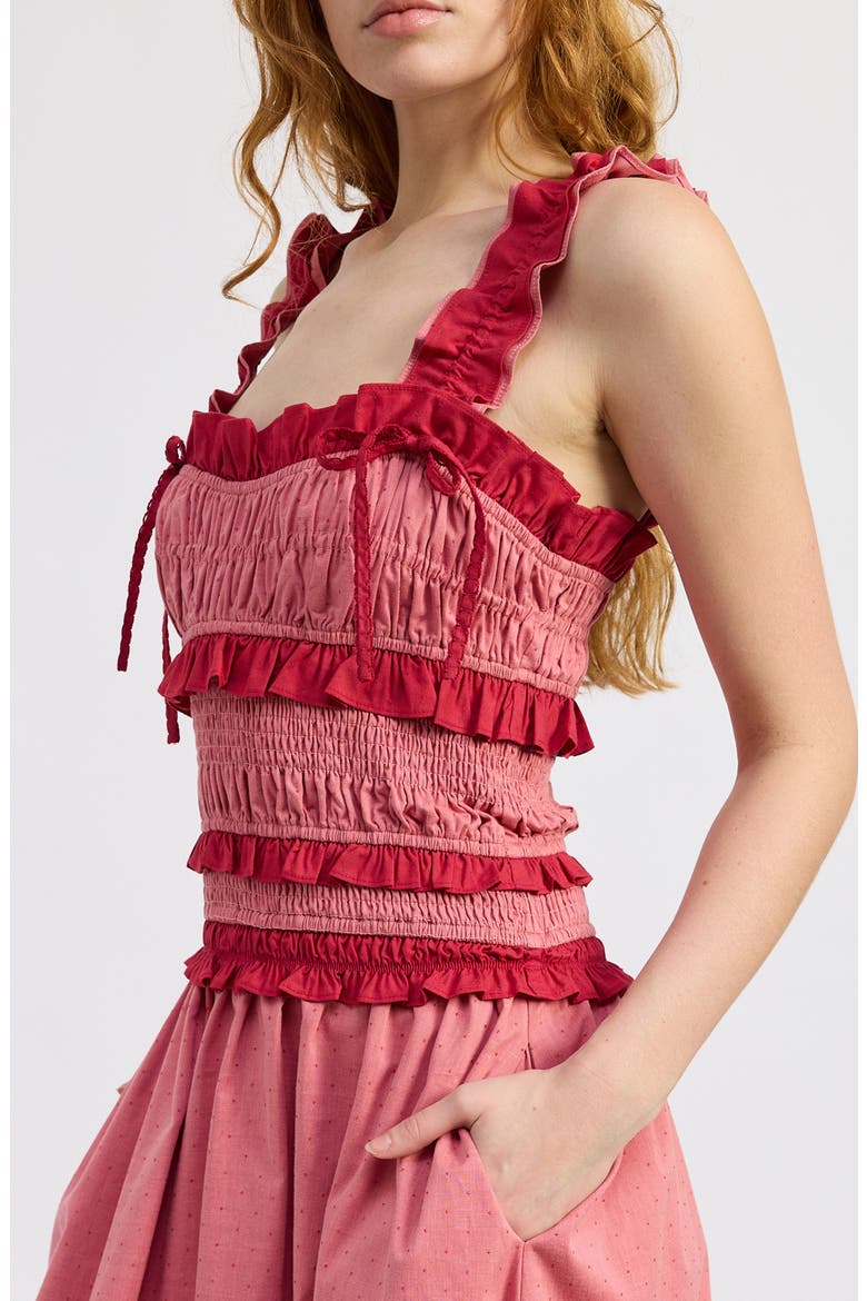 Ada Micro Dot Tiered Ruffle Trim Midi Dress, Alternate, color, RED TONAL