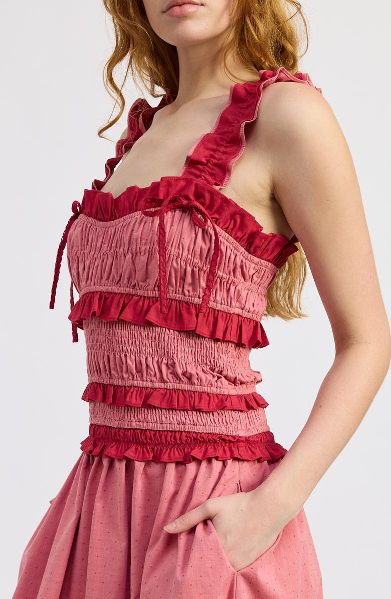 JACQUIE THE LABEL Ada Micro Dot Tiered Ruffle Trim Midi Dress, Alternate, color, Red Tonal