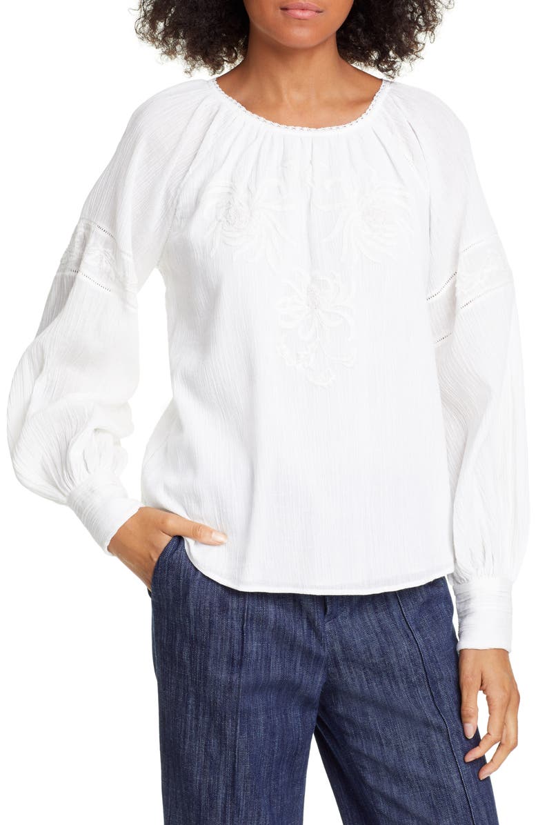 Joie Mitney Embroidered Detail Cotton Blouse, Main, color, 