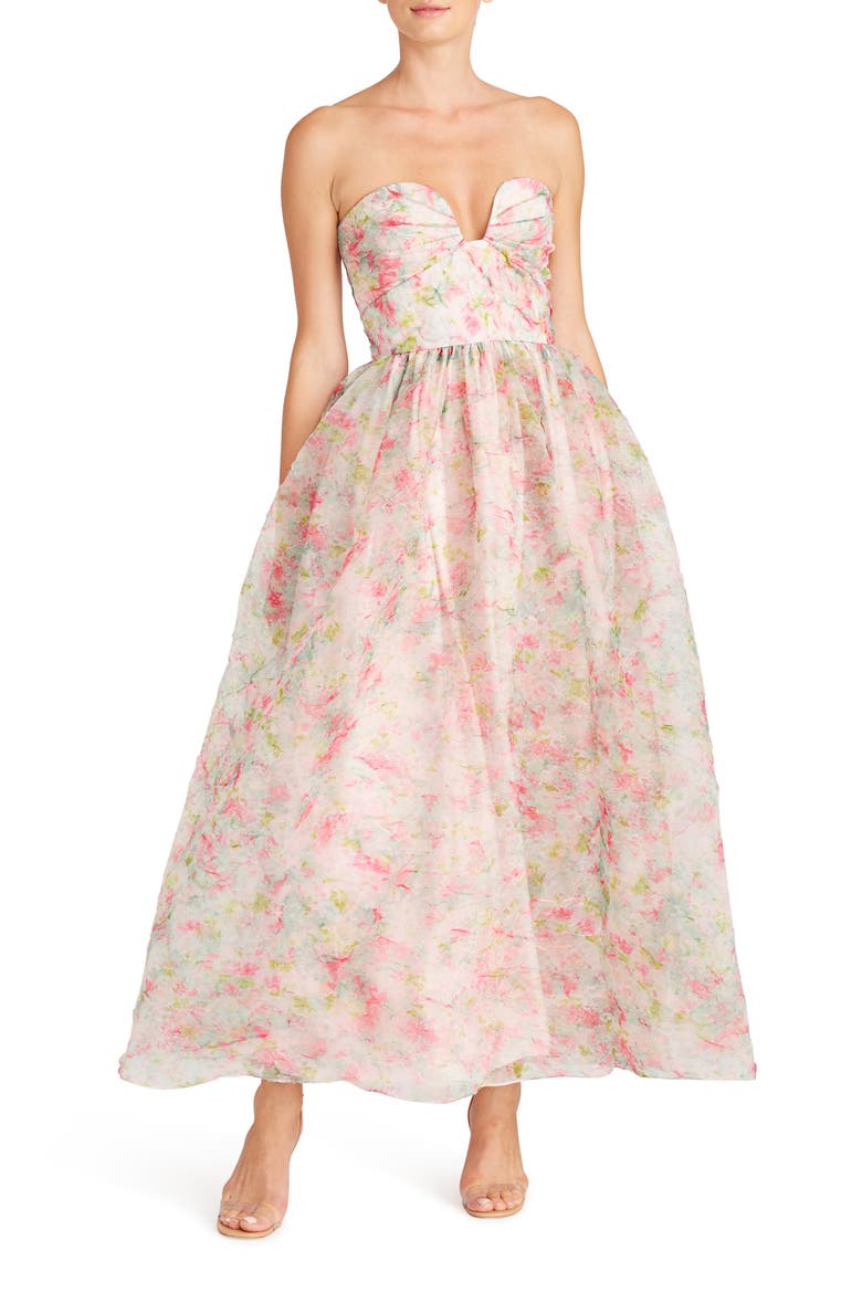 Floral Strapless Organza A-Line Gown, Main, color, BABYS BREATH BOUQUET