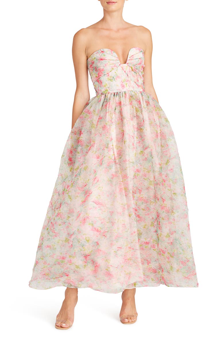 ML Monique Lhuillier Floral Strapless Organza A-Line Gown, Main, color,
