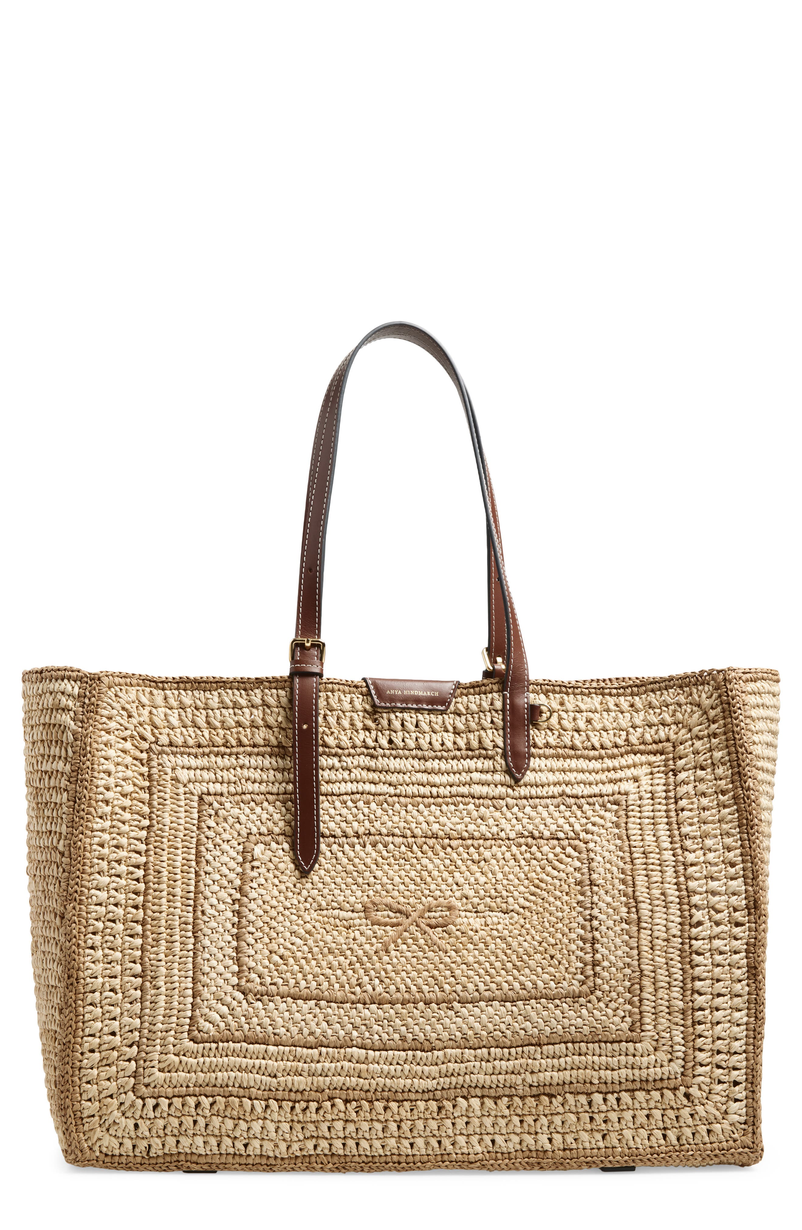 Anya Hindmarch Bow Crocheted Raffia East/West Tote, Main, color, Natural