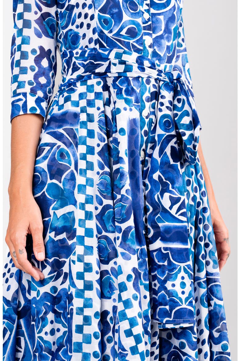 Watercolor Tile A-Line Belted Shirtdress, Alternate, color, White Blue