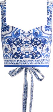 Alice + Olivia Miriam Tie Back Linen Blend Crop Top