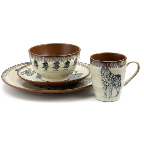 Elama Majestic Wolf 16 Piece Luxurious Stoneware Dinnerware With Complete Setting For 4 In Multi