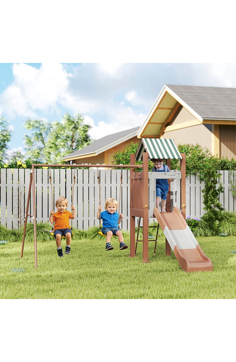 Qaba Kids Swing Set with 6 FT Slide, 2 Adjustable Swings, Fort with Canopy, Backyard Use, Alternate, color, 