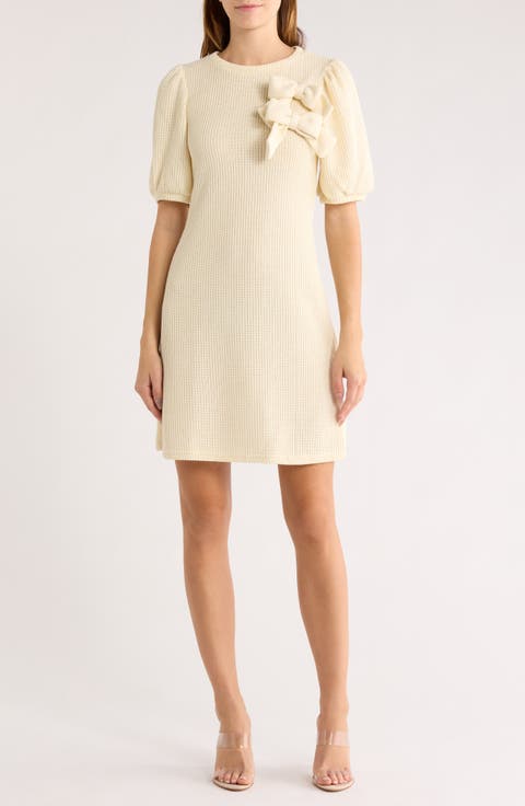Double Bow Puff Sleeve Sweater Dress