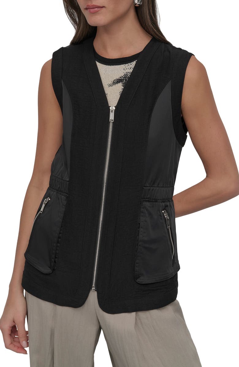 DKNY Mixed Media Zip Vest, Main, color,
