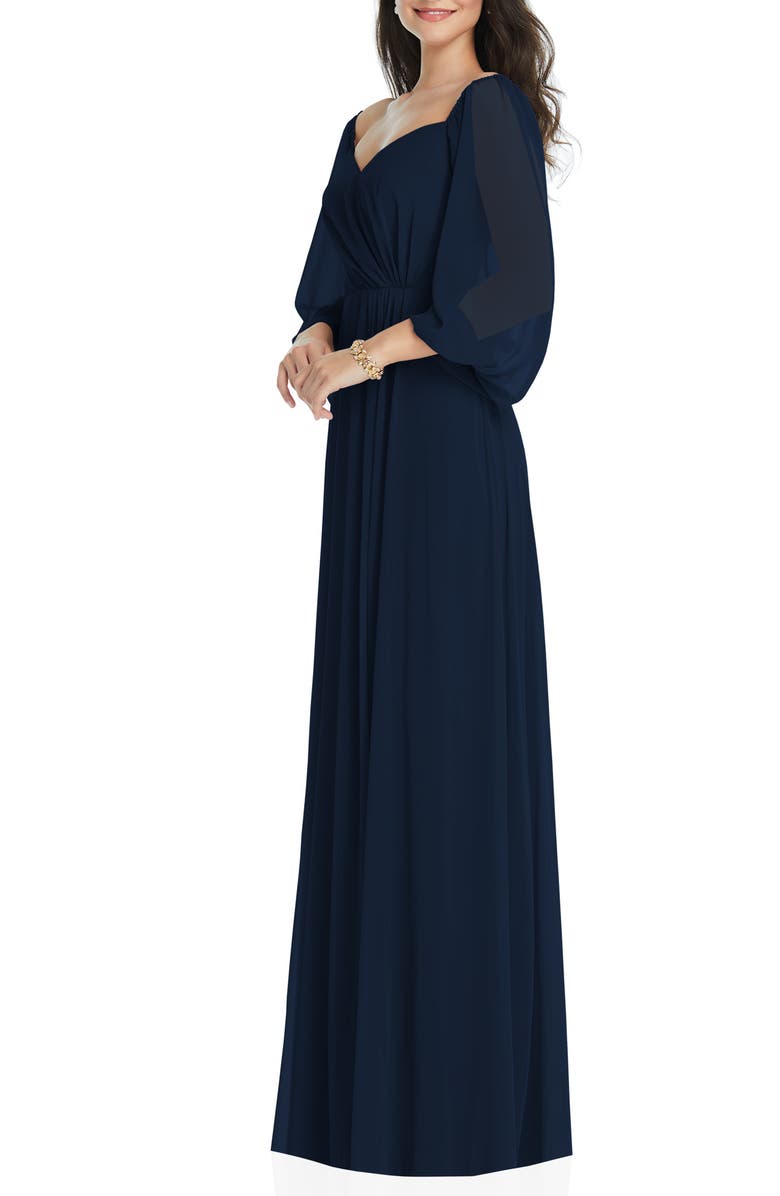 Dessy Collection Convertible Neck Long Sleeve Chiffon Gown, Alternate, color, Midnight Navy