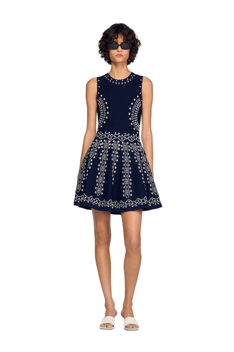 Scarf-print knit short dress, Alternate, color, Navy blue