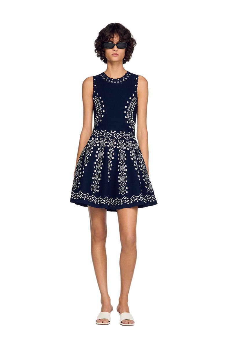SANDRO Scarf-print knit short dress, Alternate, color, Navy Blue