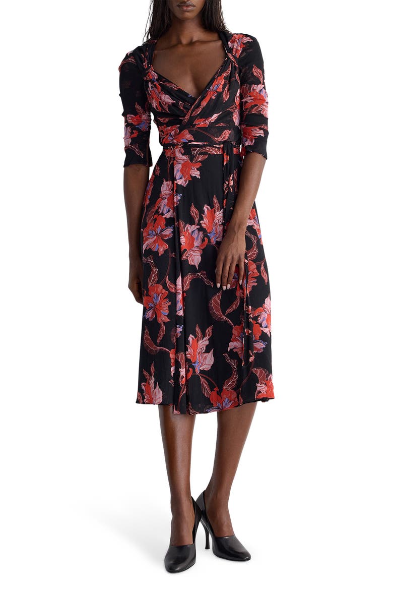Carmen Floral Mesh Midi Dress, Alternate, color, IRIS FALLS MINI/ MID BLACK
