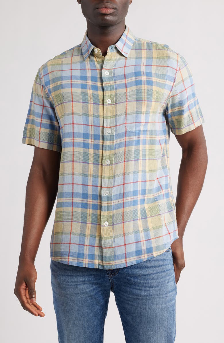 Pendleton Dawson Plaid Short Sleeve Linen Blend Button-Up Shirt, Main, color, Blue Multi Plaid