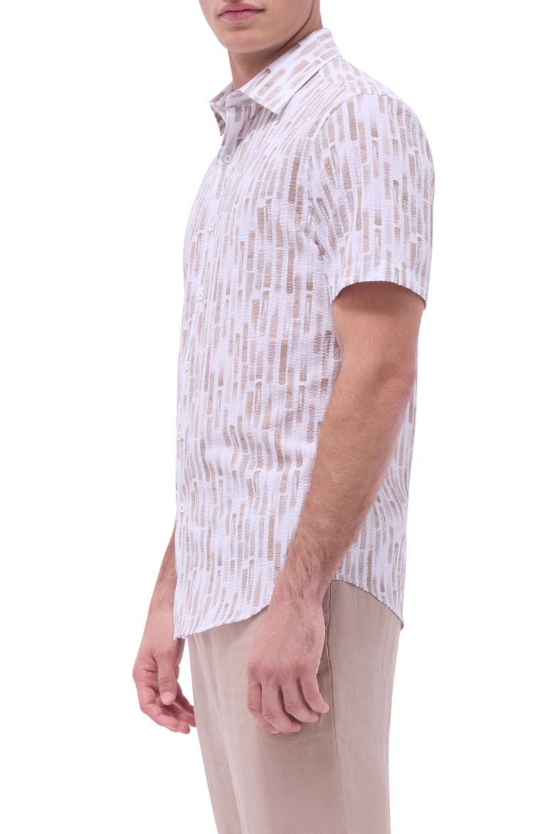 Orson Trim Fit Stripe Short Sleeve Stretch Cotton Seersucker Button-Up Shirt, Alternate, color, CAMEL